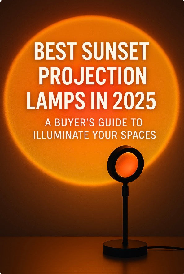 Infographic titled 'Best Sunset Projection Lamps in 2025: A Buyer's Guide to Illuminate Your Spaces.' It features a sunset projection lamp casting a warm, circular orange glow against a dark background, creating a cozy and ambient atmosphere.