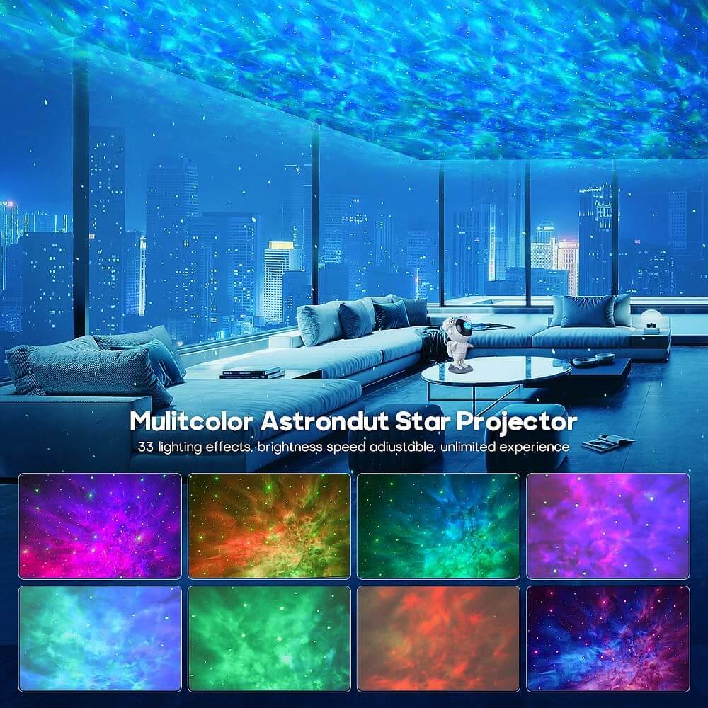 Astronaut galaxy projector displaying colorful nebula effects on ceiling and walls, featuring multiple light modes in a bedroom setup