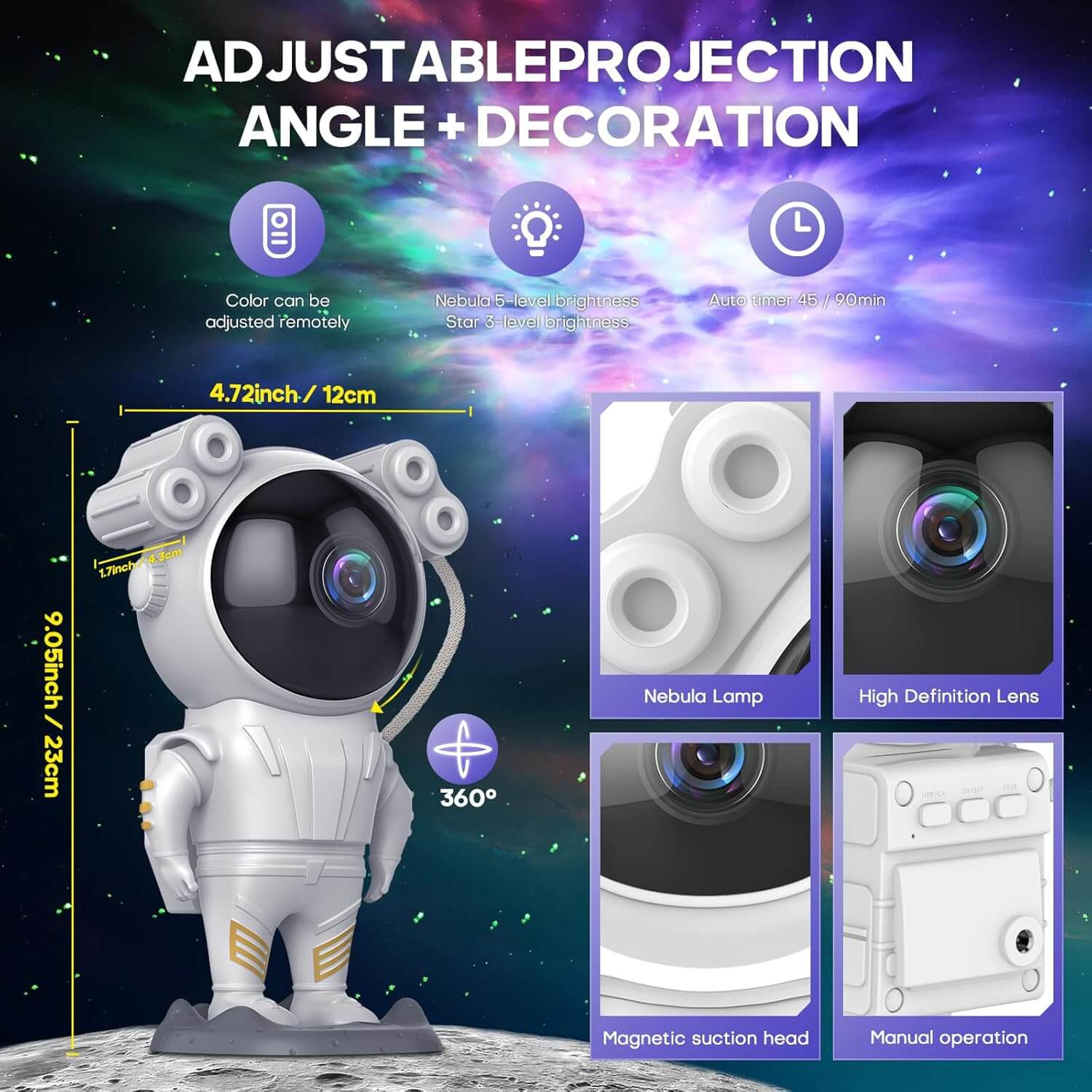 Astronaut galaxy projector product features with adjustable projection angle, remote control, and starry night light effects displayed on a purple background.