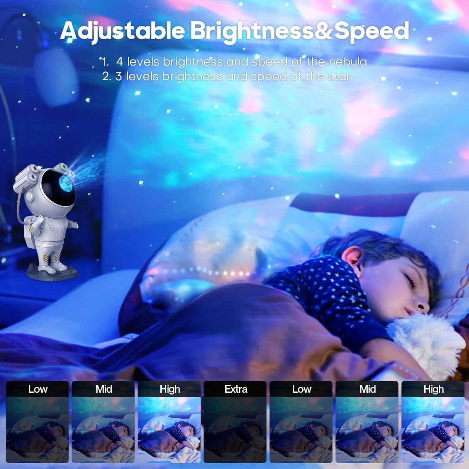 Young child sleeping in a bed under calming galaxy lights from an astronaut galaxy projector, with multiple lighting modes shown at the bottom.