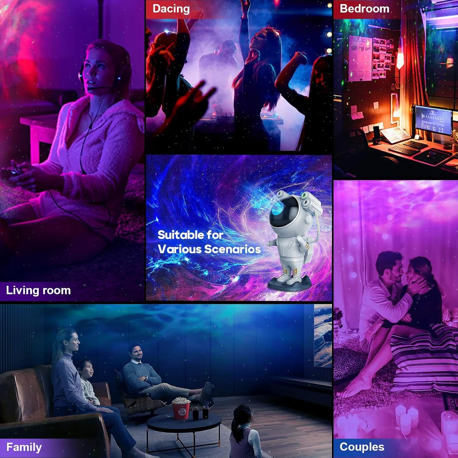 Collage of rooms lit by astronaut galaxy projector in various colors, showing cosmic lighting effects for relaxing and aesthetic spaces.