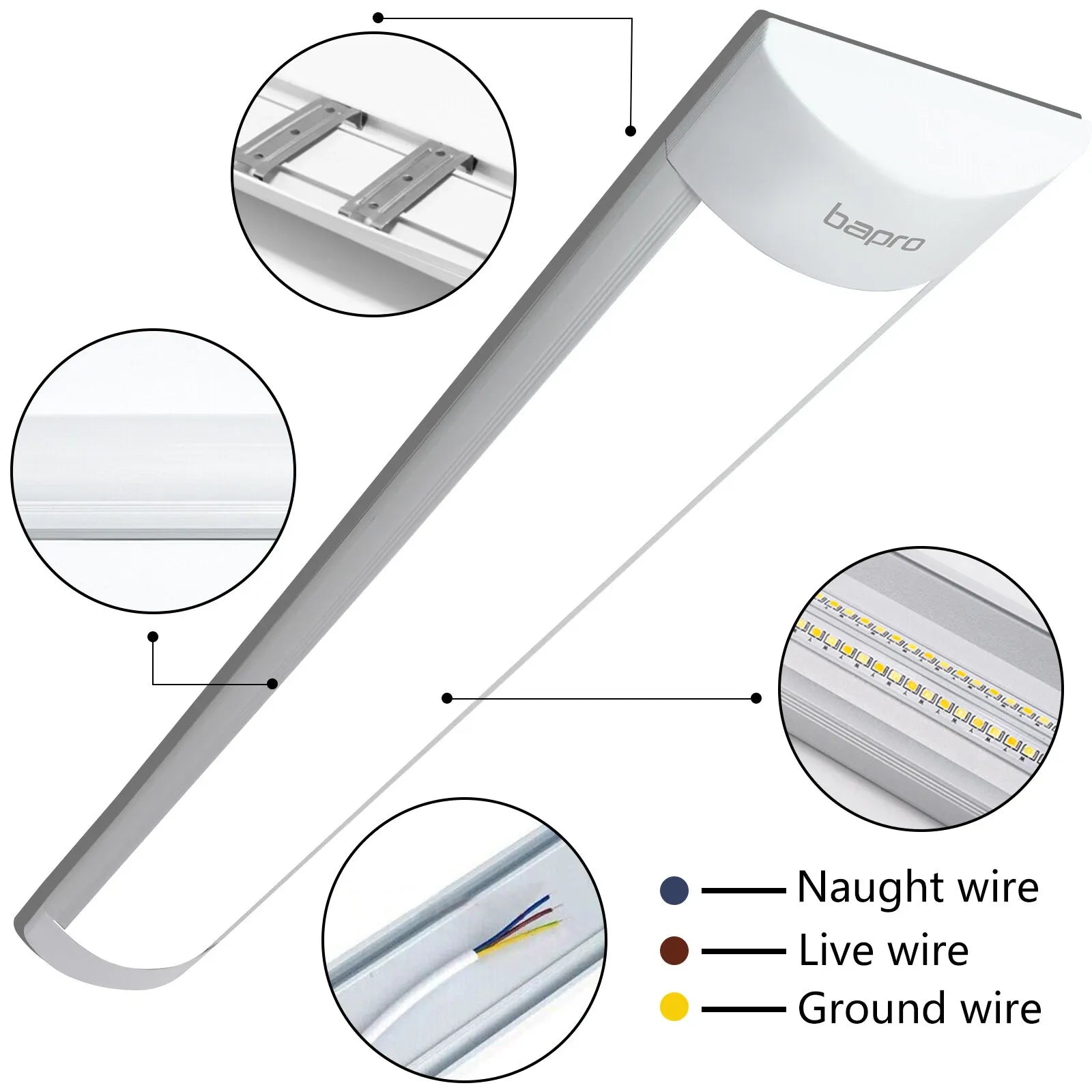 LED batten light highlighting durable housing, energy-saving LEDs, and slim design.