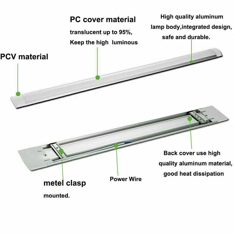 LED batten light with wiring diagram showing energy efficiency features.