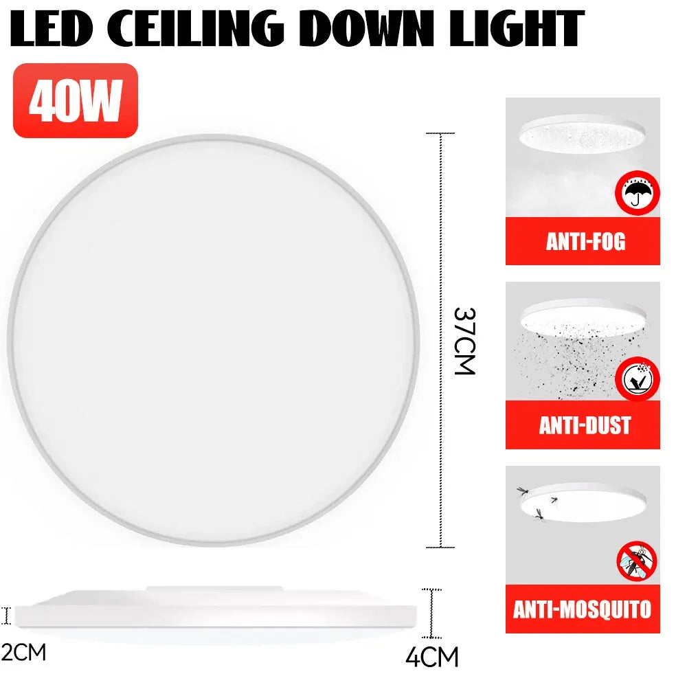 Modern LED oyster ceiling light with wattage and lumen specifications.