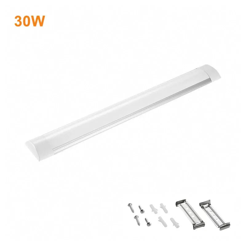 LED batten light with mounting accessories for easy installation.
