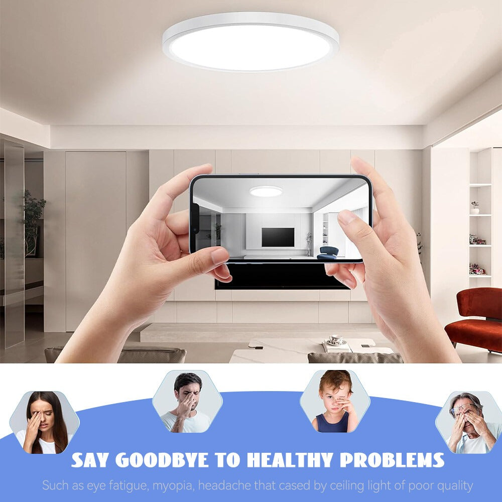 Oyster ceiling lights installed in bedroom for soft, flicker-free illumination