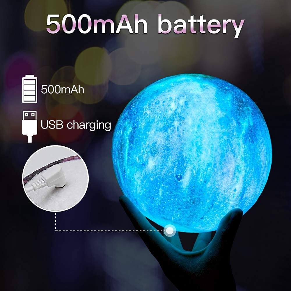 Blue moon lamp with 800mAh rechargeable battery, USB charging port, and long-lasting wireless use, glowing brightly in a dark background.