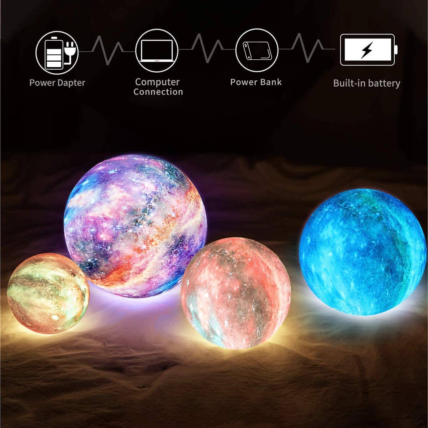 Set of four colorful galaxy moon lamps glowing in purple, orange, pink, and blue tones with touch control, USB charging, and remote features displayed above.