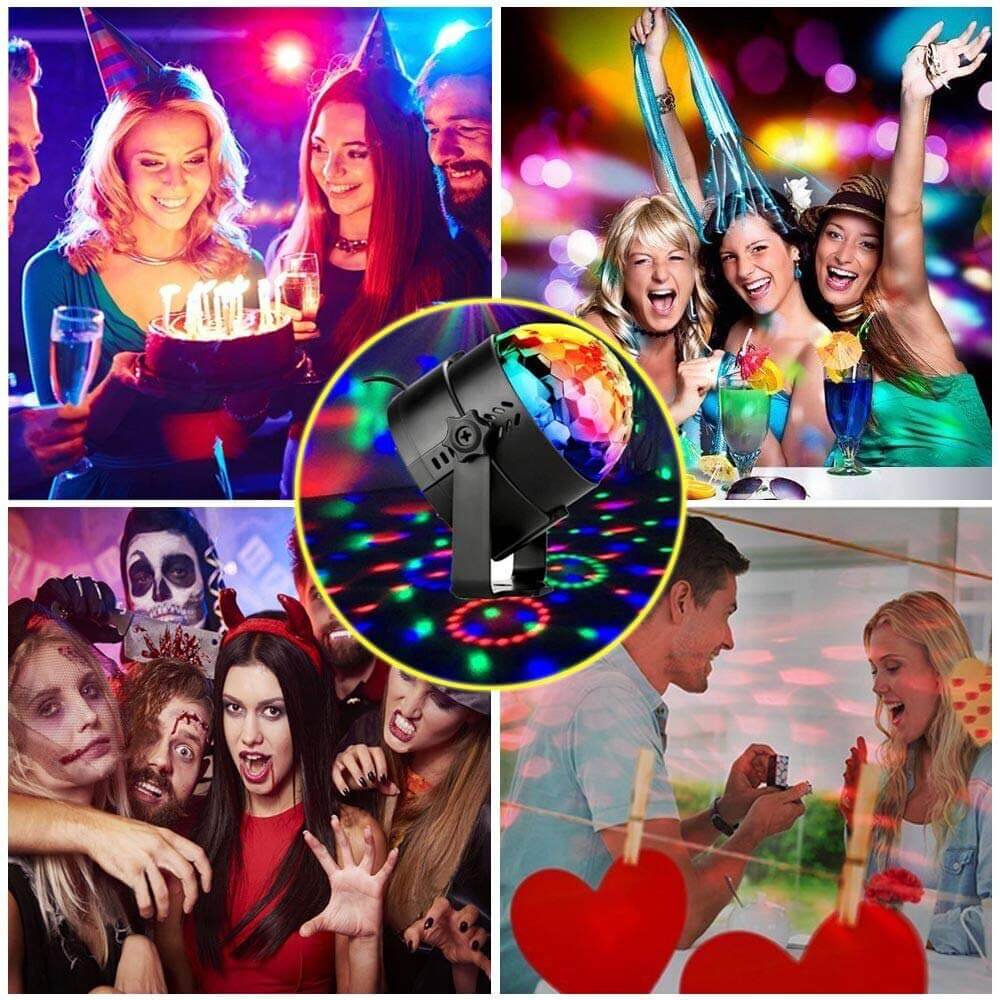 Collage of party scenes with people dancing and celebrating under colorful disco lights, featuring a central rotating LED disco ball.