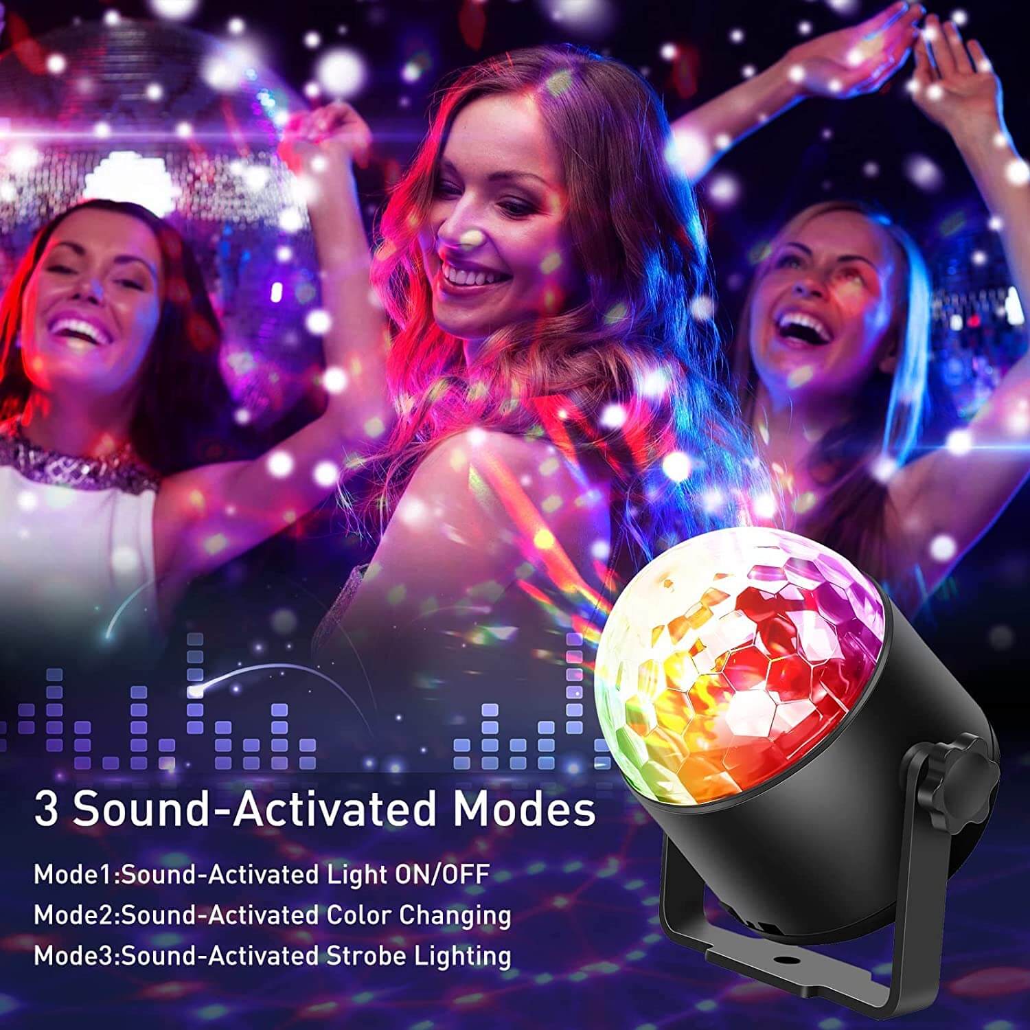 Group of people dancing under vibrant disco lights with a rotating LED party projector in the foreground, creating a fun and colorful party atmosphere.