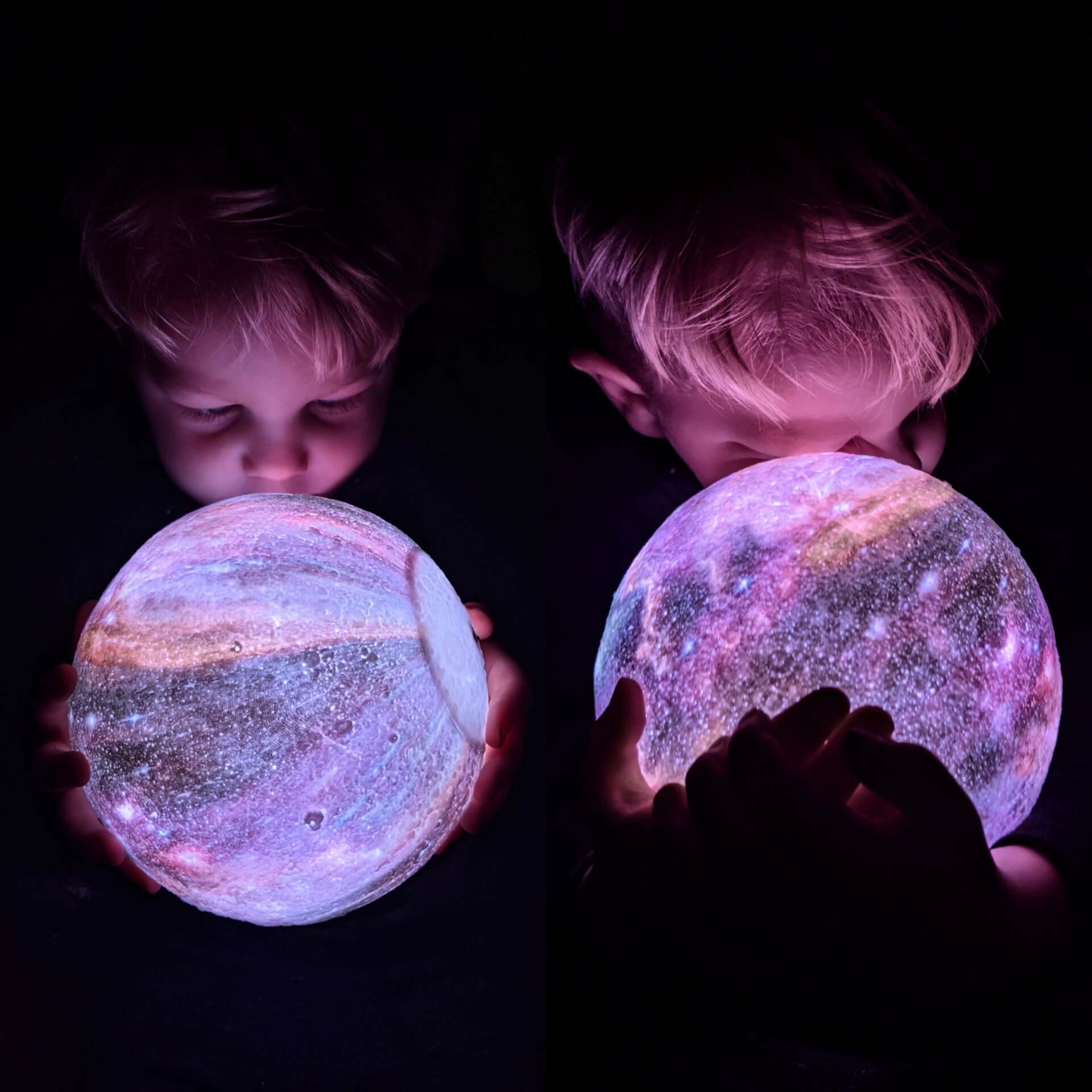 Two galaxy moon lamps glowing in vibrant purple and pink tones against a dark background, creating a cosmic night light effect.