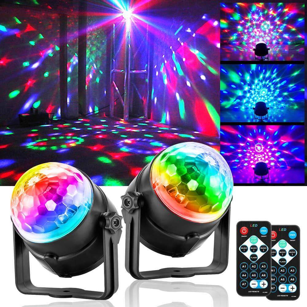 Set of two LED disco lights projectors with remote control, displaying colorful patterns on walls and ceilings for parties and events.