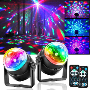 Set of two LED disco lights projectors with remote control, displaying colorful patterns on walls and ceilings for parties and events.