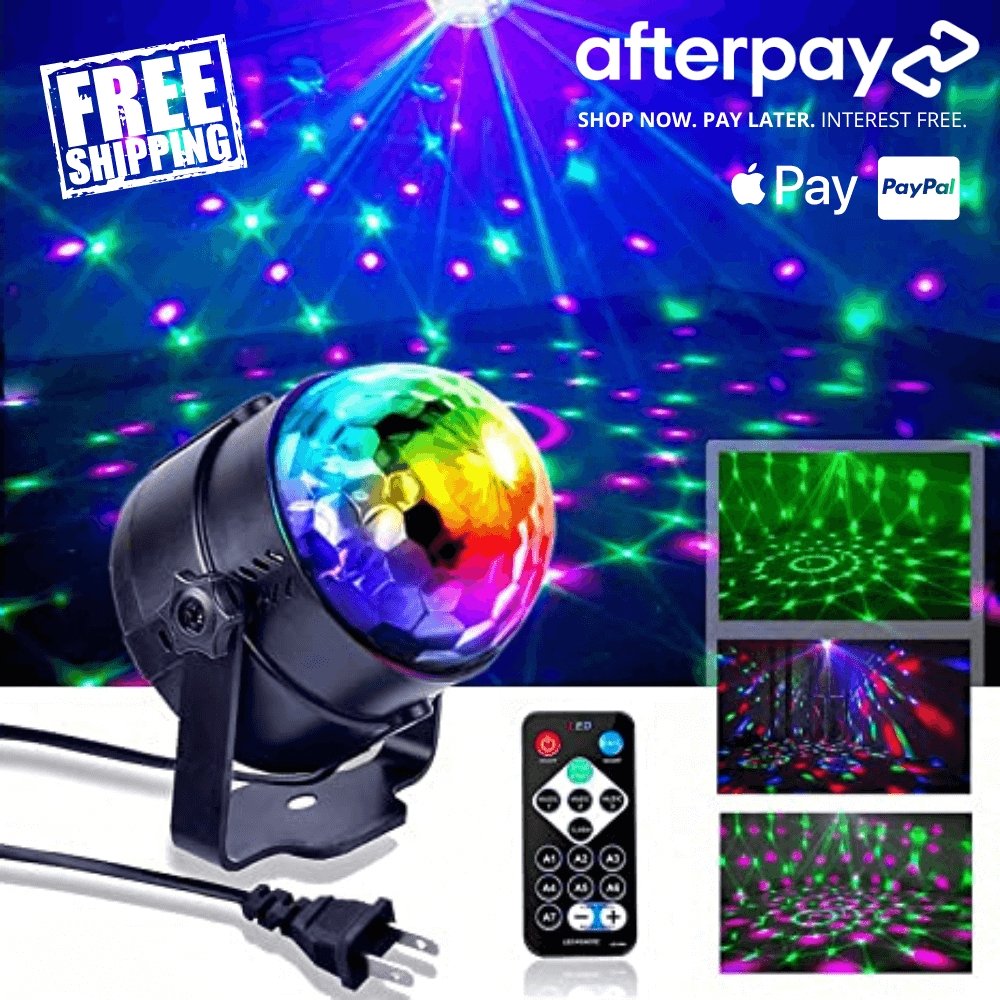 Colorful LED disco lights projector with remote control, tripod stand, and multiple lighting patterns for parties, weddings, and events.