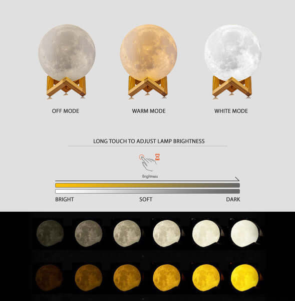 Moon lamp color temperature chart showing warm, neutral, and cool white lighting options, with brightness levels displayed across multiple settings