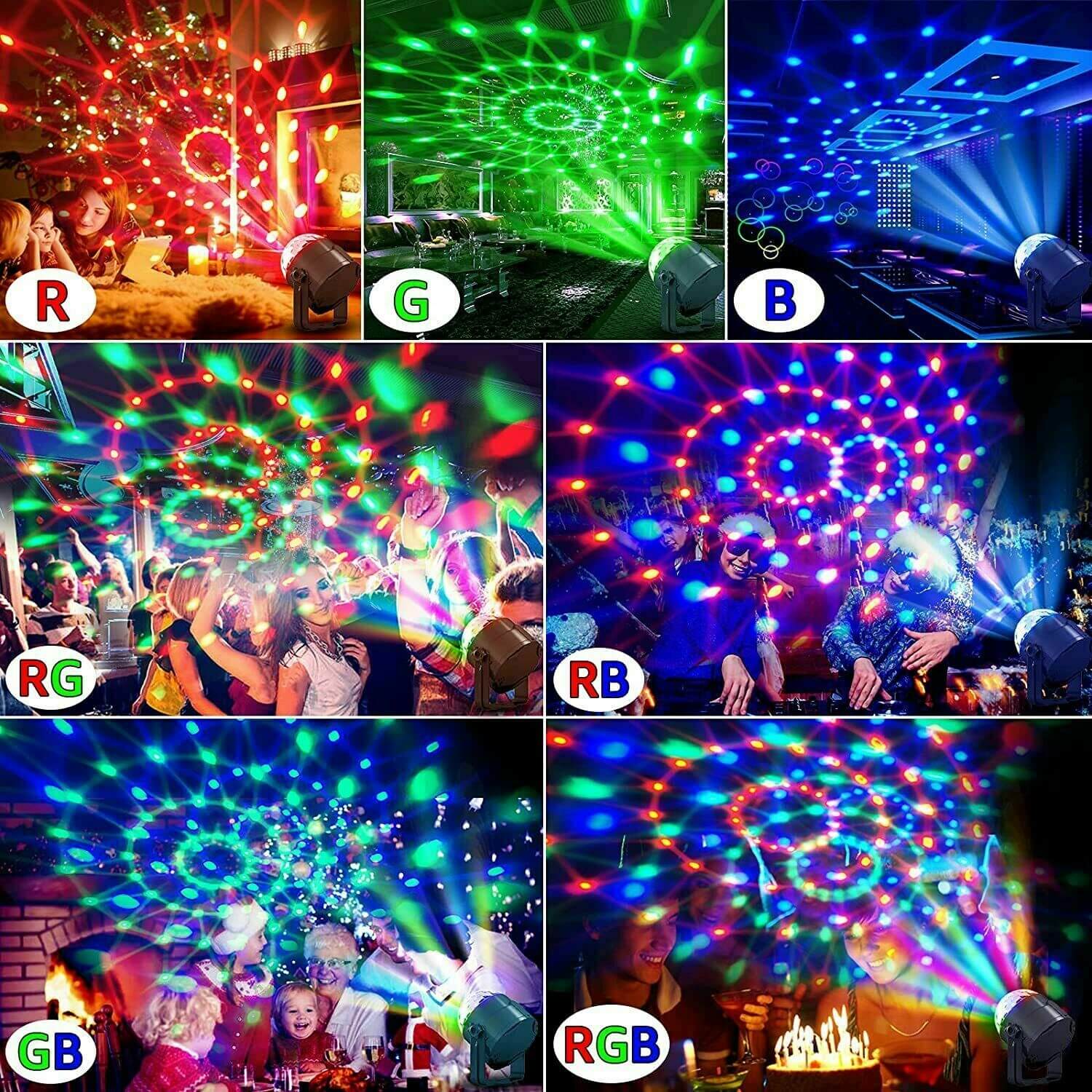 Collage of colorful disco lights projecting vivid patterns in red, green, blue, and purple across different party settings.