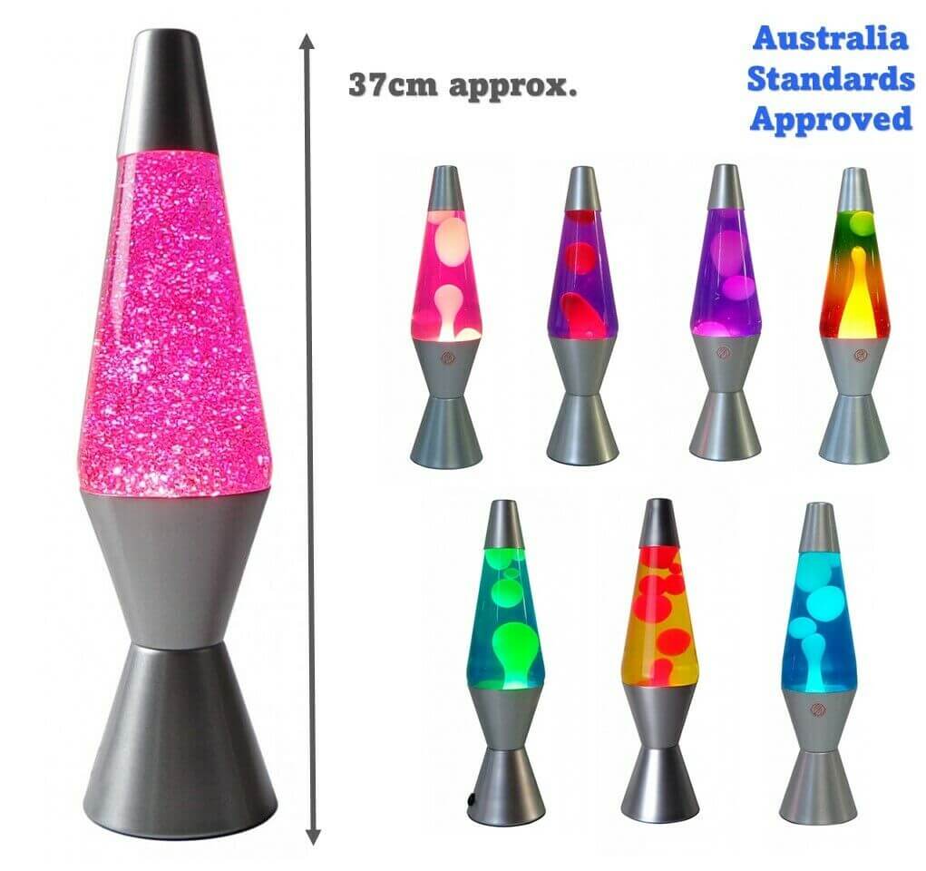 Assorted colorful lava lamps with glitter effect and silver base, featuring multiple vibrant color options and a retro decorative style