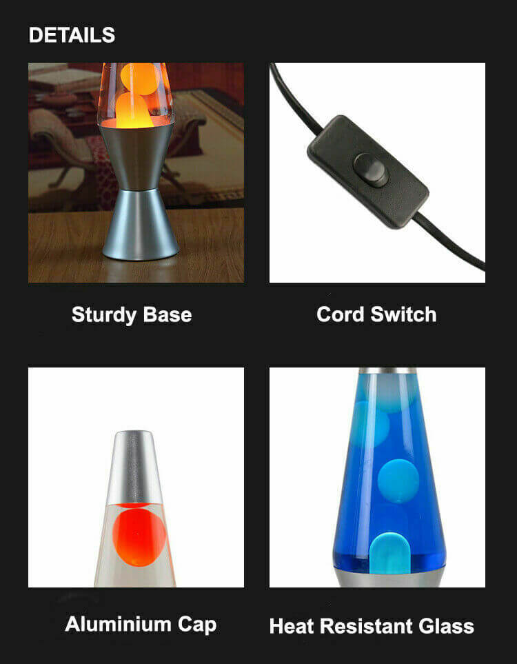 Lava lamp feature breakdown showing heating base, easy switch control, decorative cap, and heat-resistant glass in a four-image product layout.