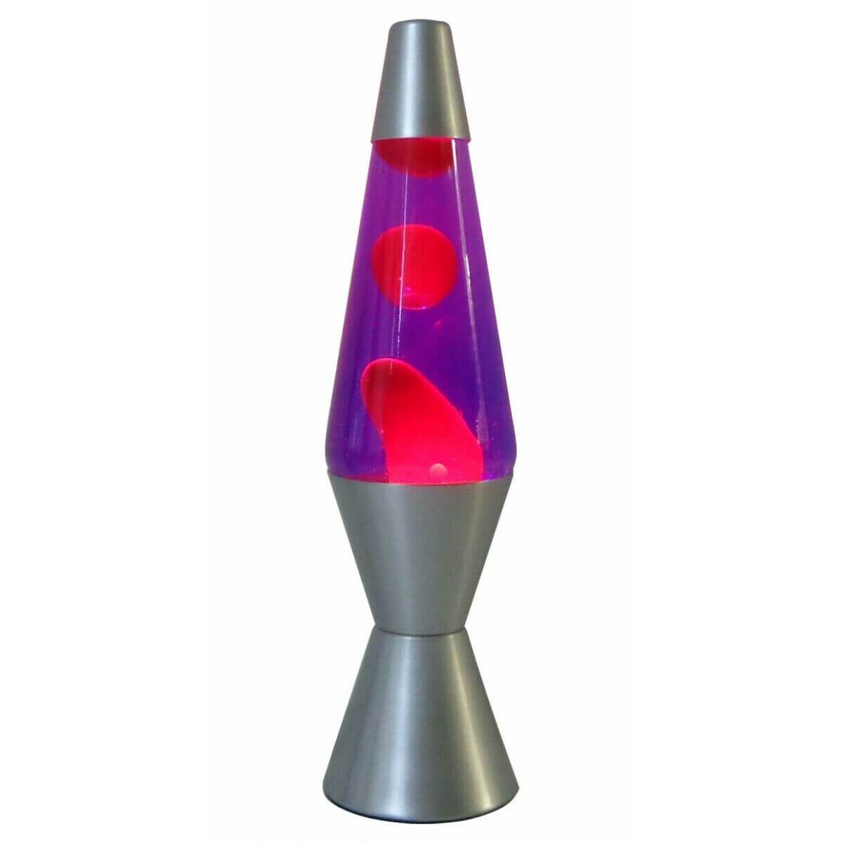 Classic lava lamp with red wax floating in purple liquid, featuring a sleek silver base and retro design aesthetic.