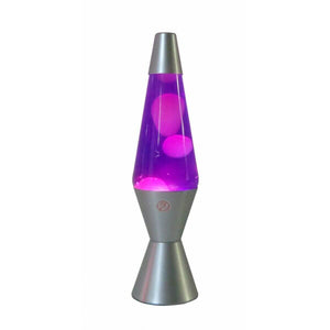 Modern lava lamp with pink wax in purple liquid and a silver metallic base, showcasing a vibrant retro-style glow.