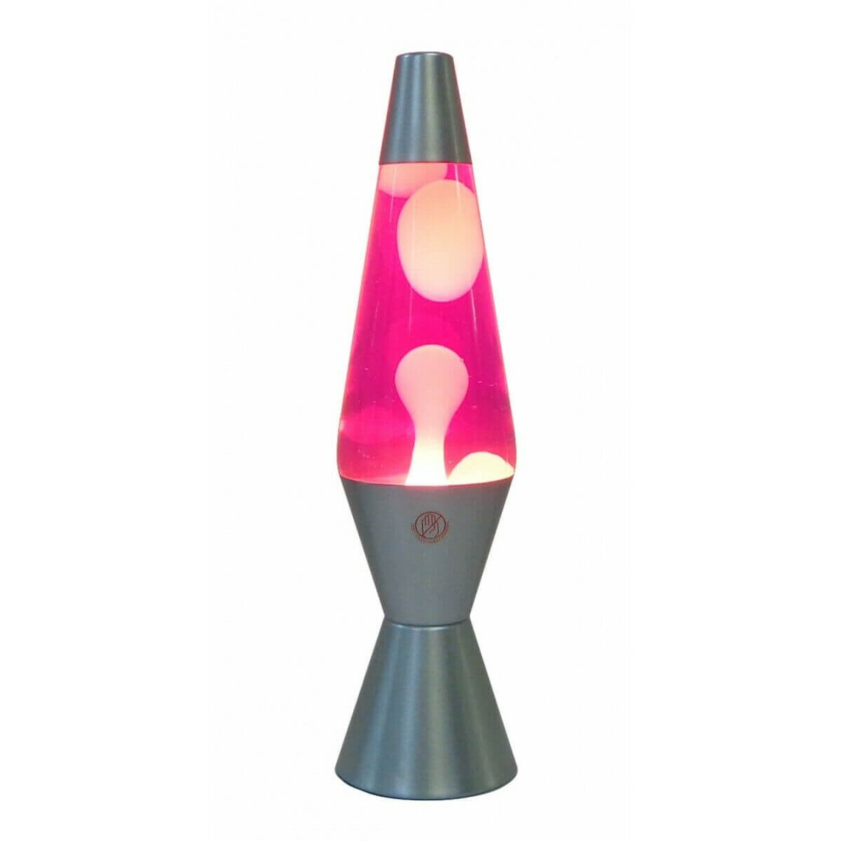 Pink lava lamp with light pink wax and a dark gray base, featuring a classic retro design for ambient room lighting.