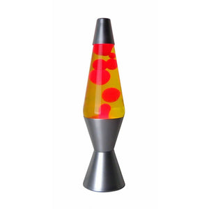 Classic lava lamp with red wax in yellow liquid and a sleek silver base, creating a vibrant retro lighting effect.