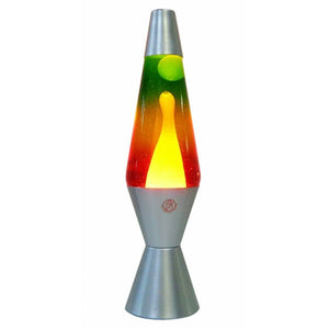 Retro lava lamp with green, yellow, and red wax layers in a silver base, creating a vibrant multicolor ambient glow.