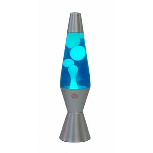 Blue lava lamp with light blue wax and a dark gray base, featuring a classic retro design perfect for mood lighting or desk decor.