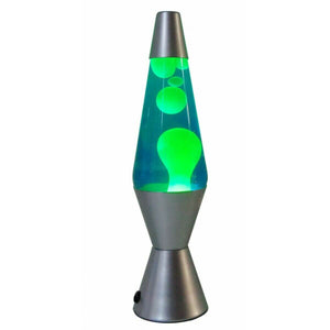 Green lava lamp with neon green wax floating in blue liquid and a metallic silver base, offering a bold retro lighting accent.