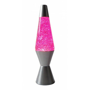 Bright pink lava lamp with glittery wax and a dark gray base, offering a bold retro aesthetic for bedroom or desk decor.