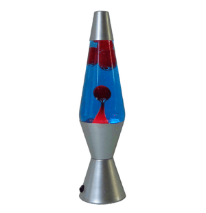 Retro-style lava lamp featuring red wax in blue liquid with a shiny silver base, perfect for mood lighting and vintage room decor.